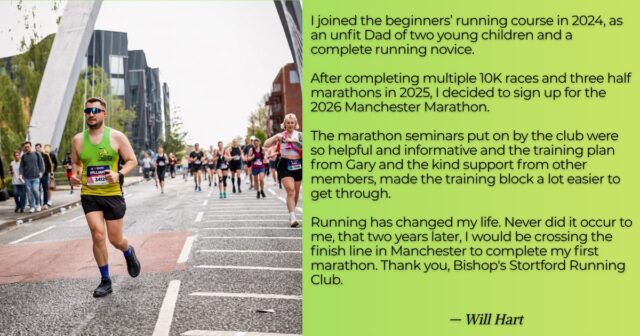 From complete beginner to Manchester Marathon finisher.
Hear how Will used BSRC's Marathon Seminar Series, coaching and club support to achieve something he never thought possible.
Ready to join us? Sign up now for £120. https://www.bsrc.org.uk/join/marathon-support-package/
#BishopsStortford #GreenAndGold #springmarathon #bishopsstortfordrunningclub