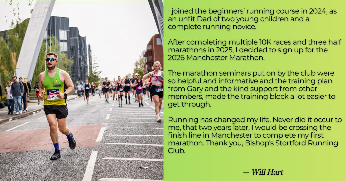 From complete beginner to Manchester Marathon finisher.
Hear how Will used BSRC's Marathon Seminar Series, coaching and club support to achieve something he never thought possible.
Ready to join us? Sign up now for £120. https://www.bsrc.org.uk/join/marathon-support-package/
#BishopsStortford #GreenAndGold #springmarathon #bishopsstortfordrunningclub